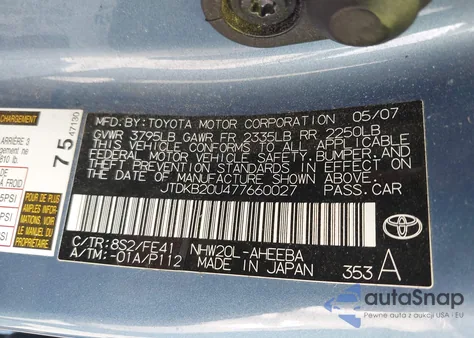 2007 Toyota Prius from USA, damaged, VIN JTDKB20U477660027